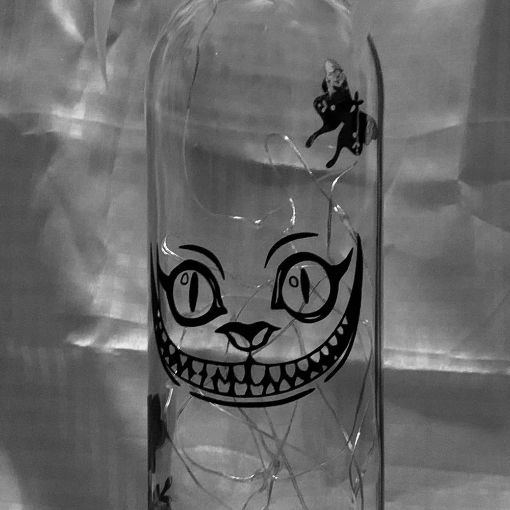 Hand Crafted- Cheshire Cat Smile wine bottle lantern